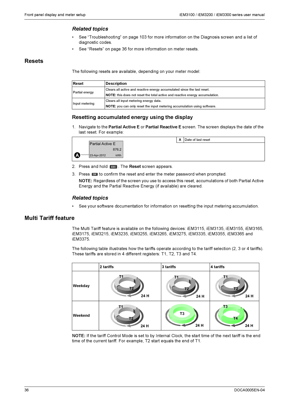 Schneider Electric iEM3300 Resets, Multi Tariff feature, Resetting accumulated energy using the display, Reset Description 