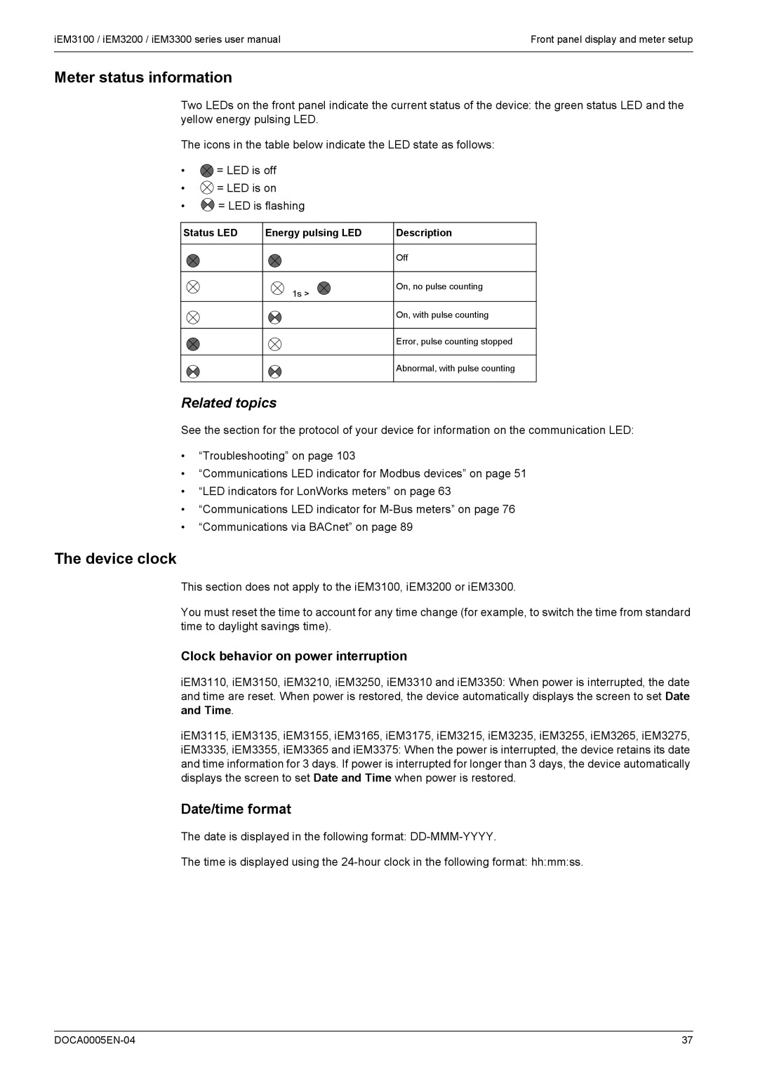 Schneider Electric iEM3200 Meter status information, Device clock, Date/time format, Clock behavior on power interruption 