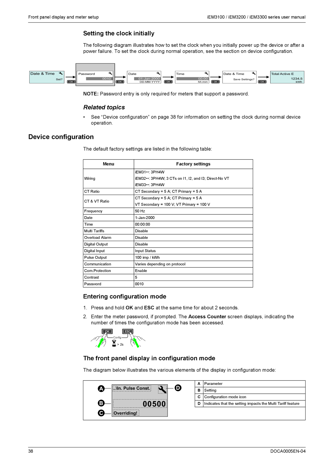 Schneider Electric iEM3100, iEM3300 00500, Device configuration, Setting the clock initially, Entering configuration mode 