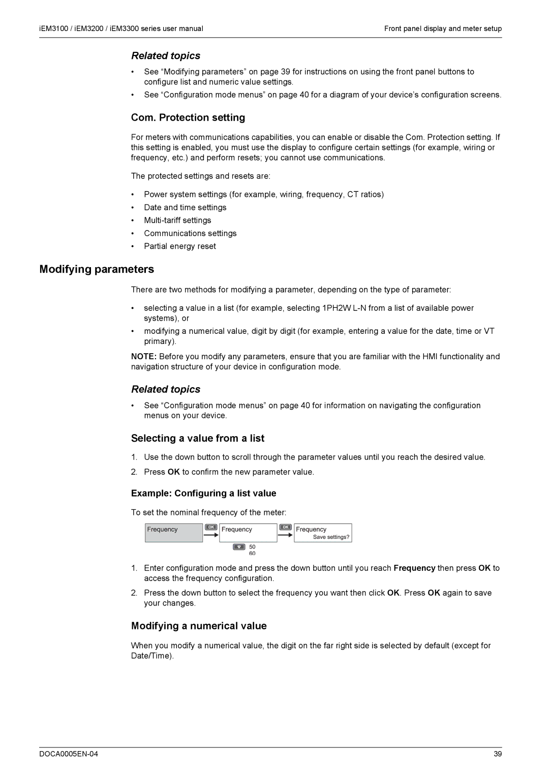 Schneider Electric iEM3300, iEM3200, iEM3100 Modifying parameters, Com. Protection setting, Selecting a value from a list 