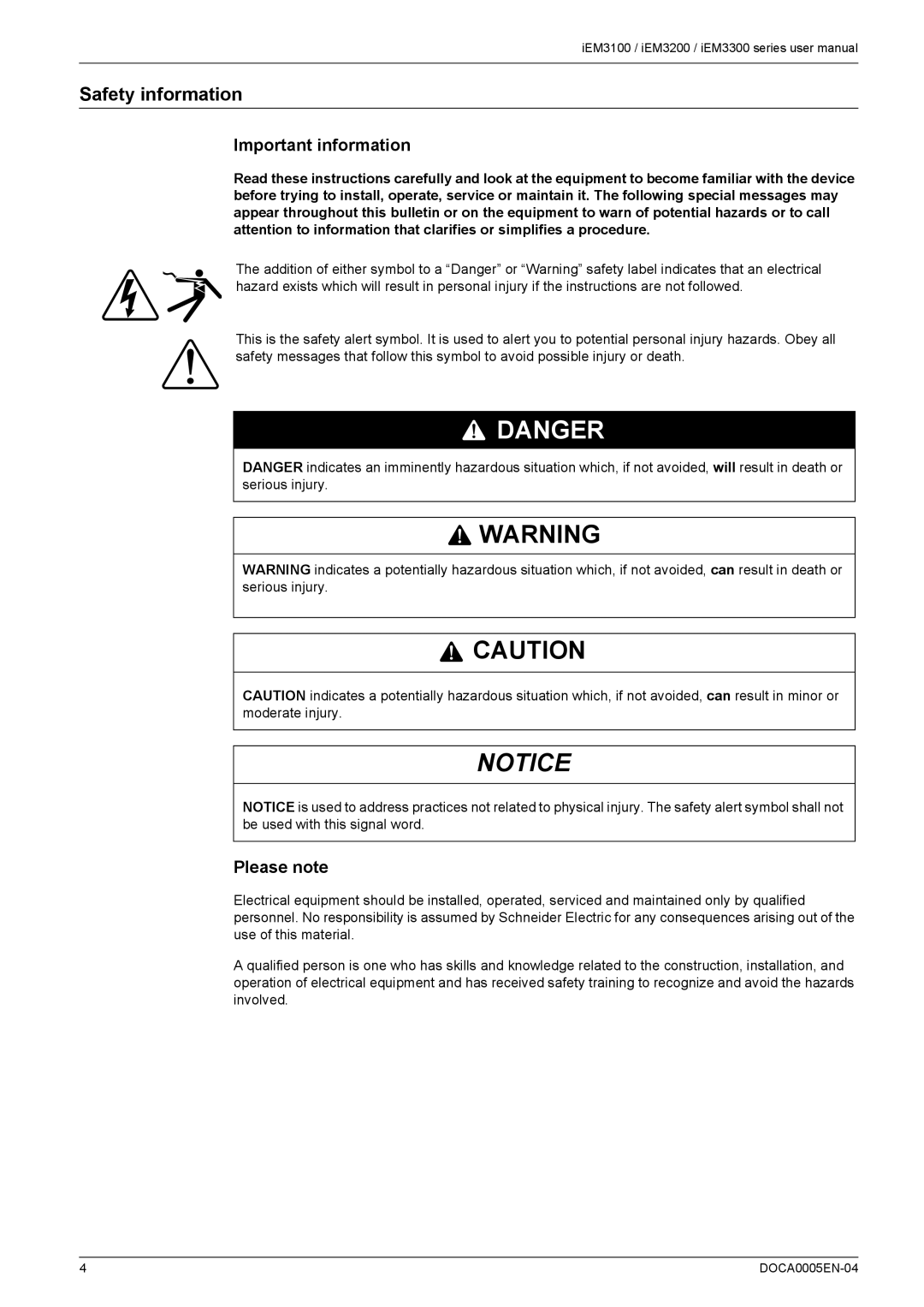 Schneider Electric iEM3200, iEM3300, iEM3100 user manual Safety information, Important information, Please note 