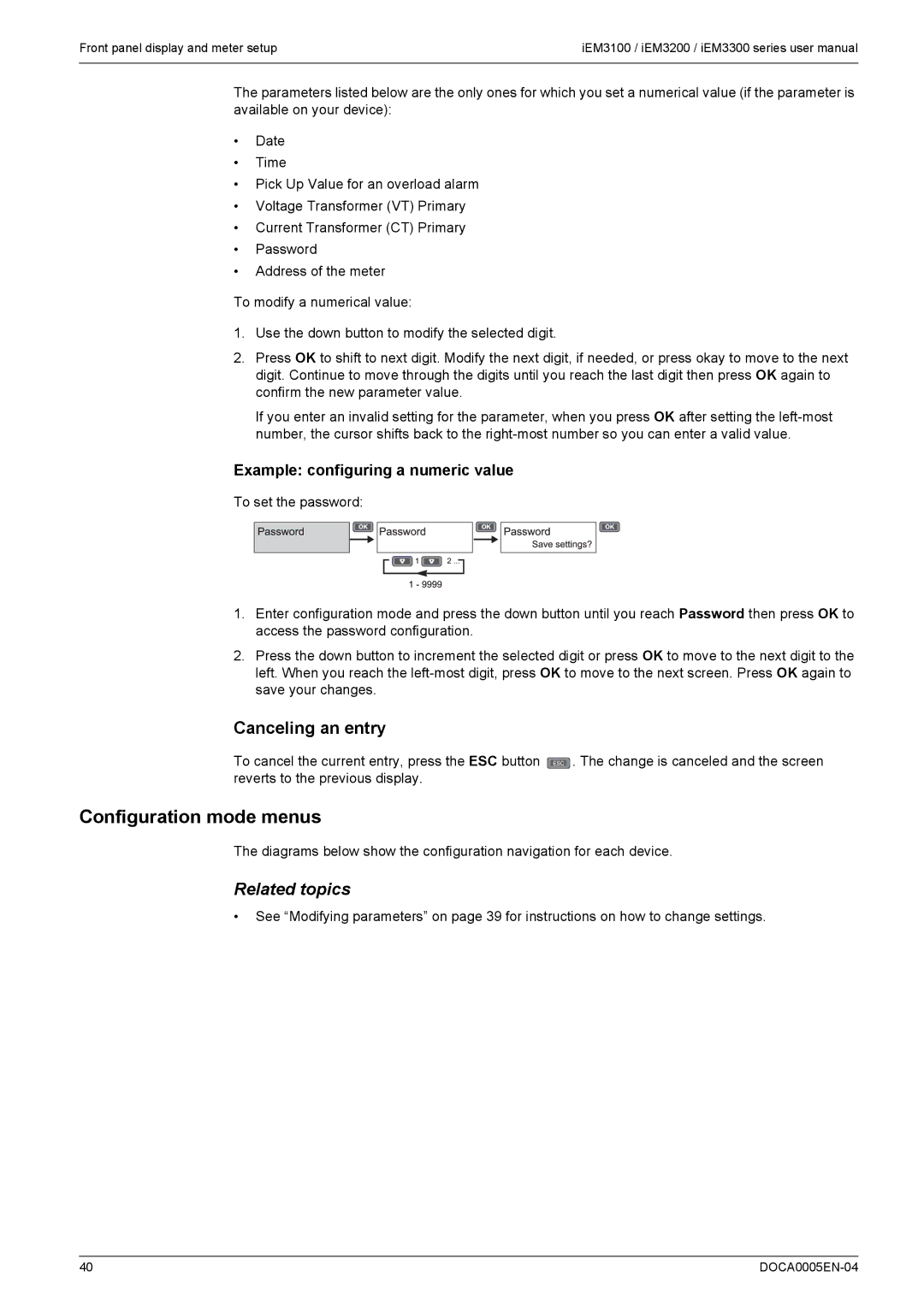 Schneider Electric iEM3200, iEM3300 Configuration mode menus, Canceling an entry, Example configuring a numeric value 