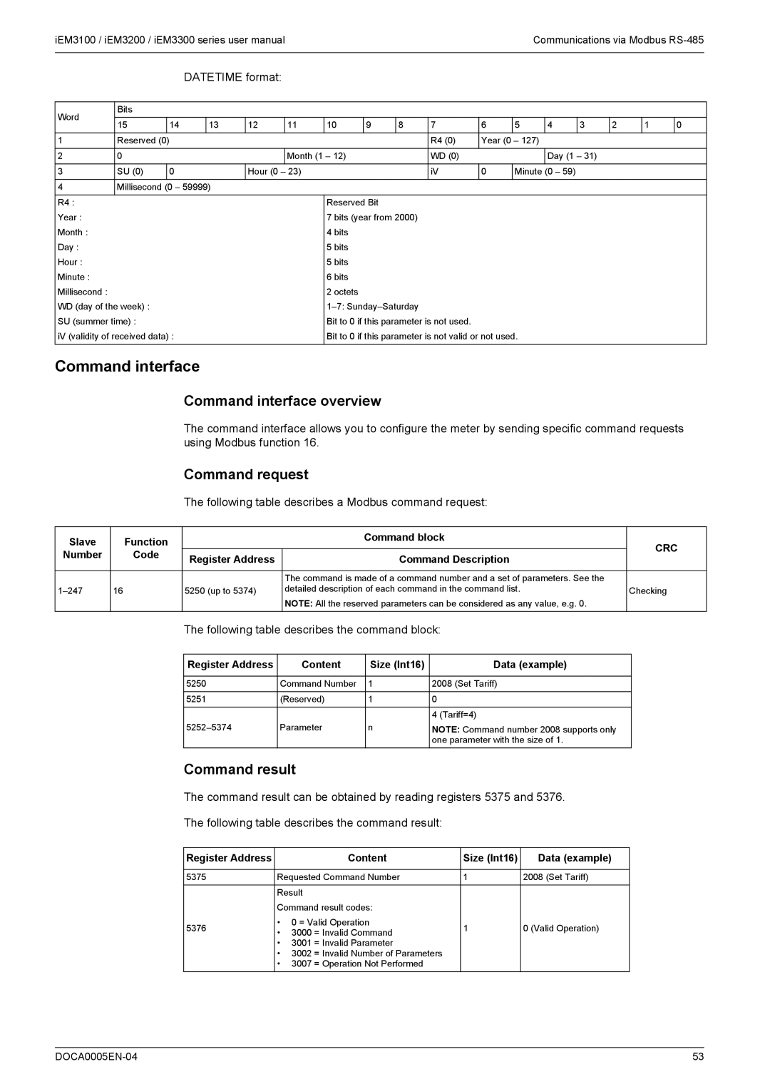 Schneider Electric iEM3100, iEM3300, iEM3200 user manual Command interface overview, Command request, Command result 