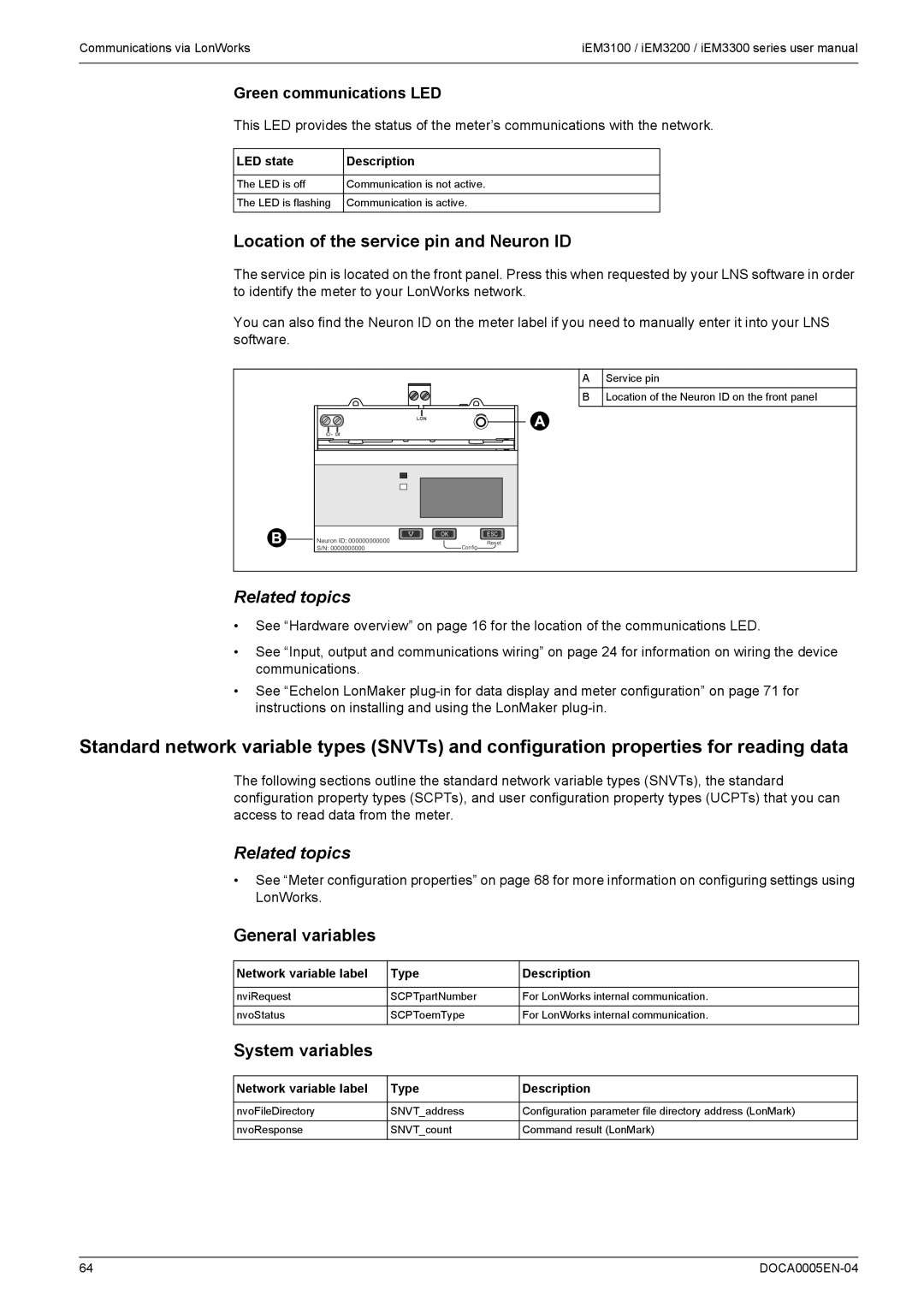 Schneider Electric iEM3200, iEM3300, iEM3100 Location of the service pin and Neuron ID, General variables, System variables 