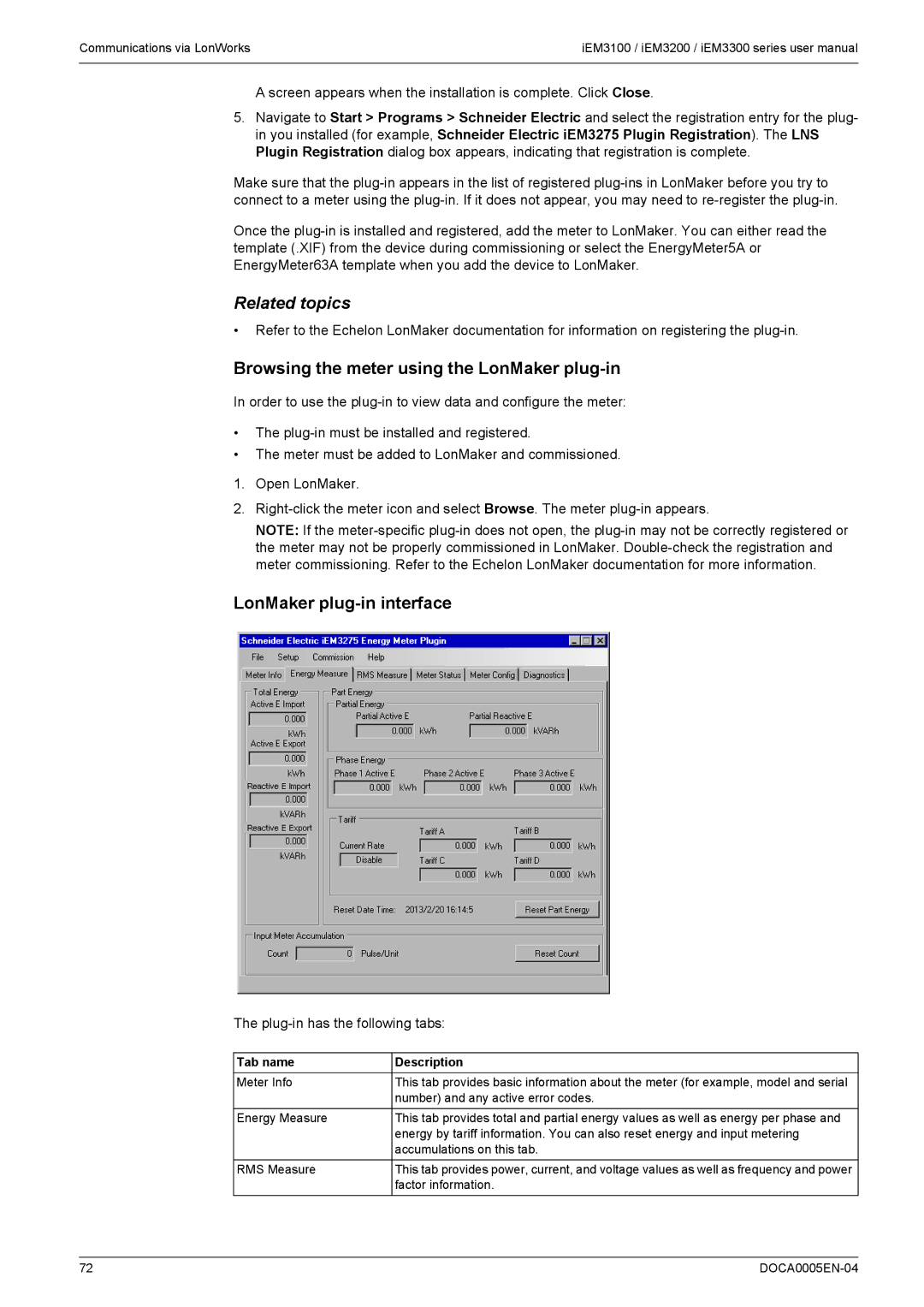 Schneider Electric iEM3300 Browsing the meter using the LonMaker plug-in, LonMaker plug-in interface, Tab name Description 