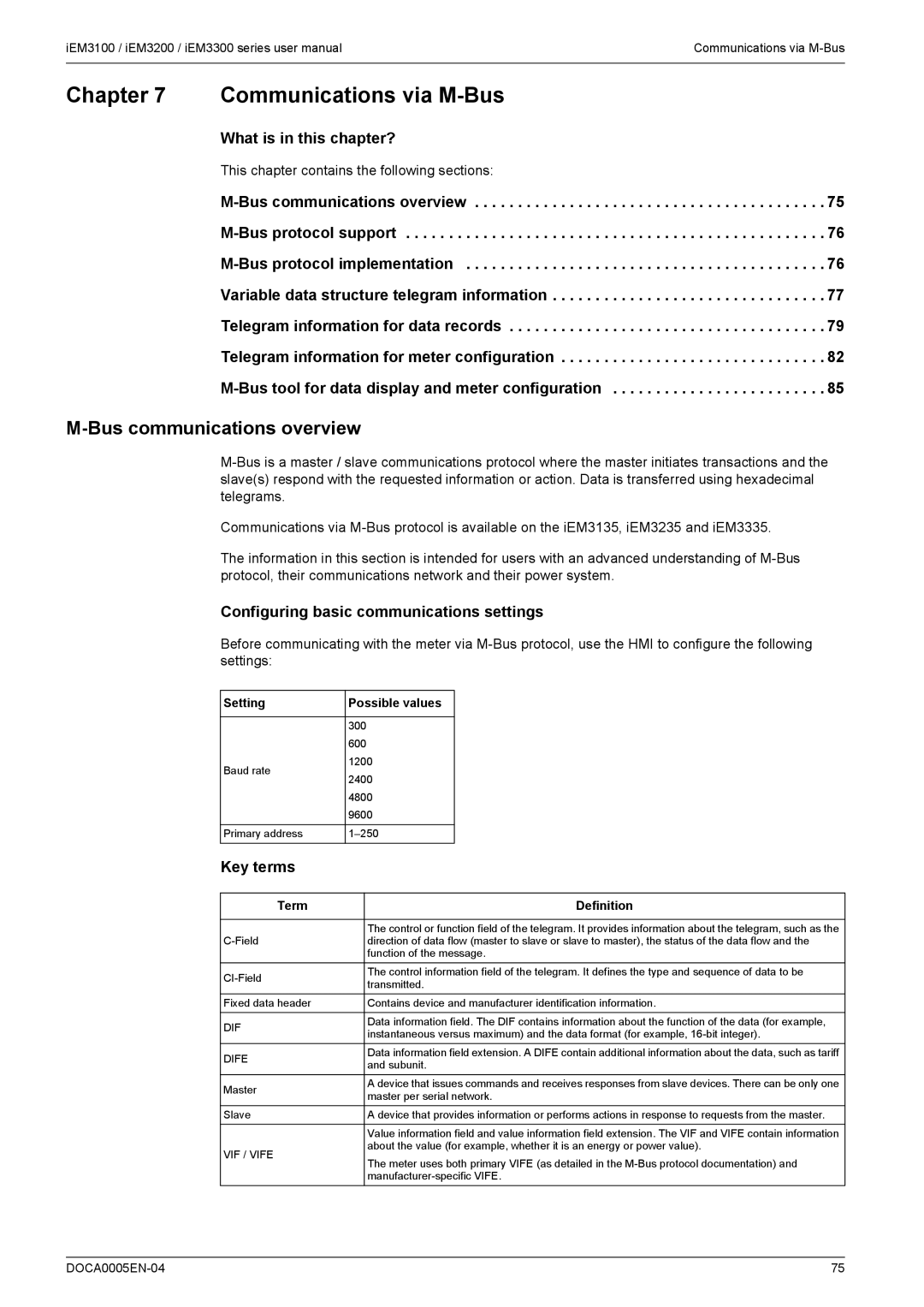 Schneider Electric iEM3300, iEM3200, iEM3100 user manual Communications via M-Bus, Bus communications overview, Key terms 