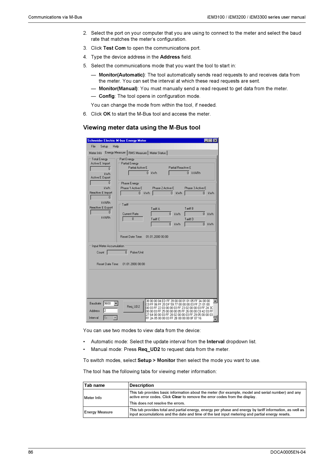 Schneider Electric iEM3100, iEM3300, iEM3200 user manual Viewing meter data using the M-Bus tool, Tab name Description 