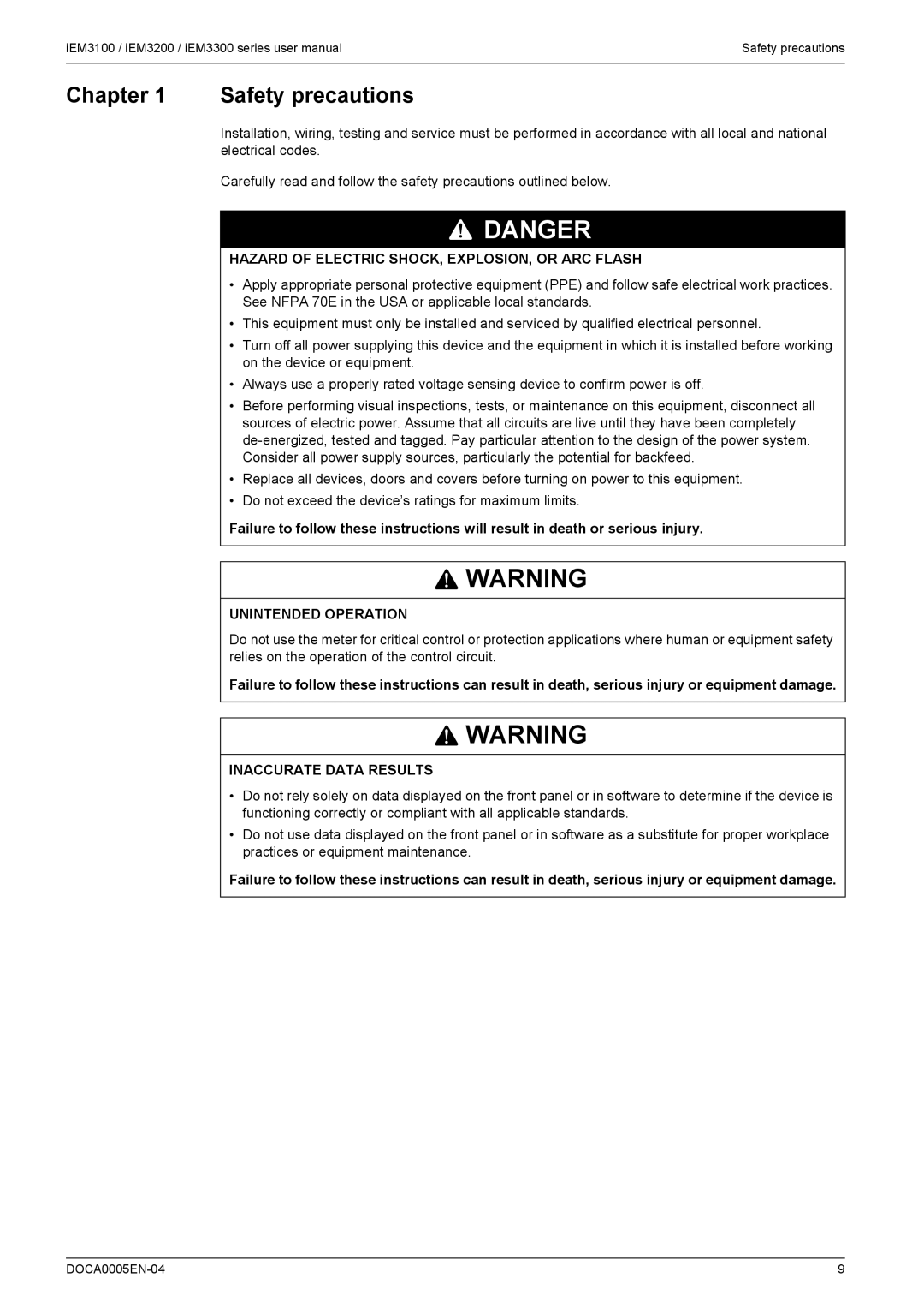 Schneider Electric iEM3300, iEM3200, iEM3100 Safety precautions, Hazard of Electric SHOCK, EXPLOSION, or ARC Flash 