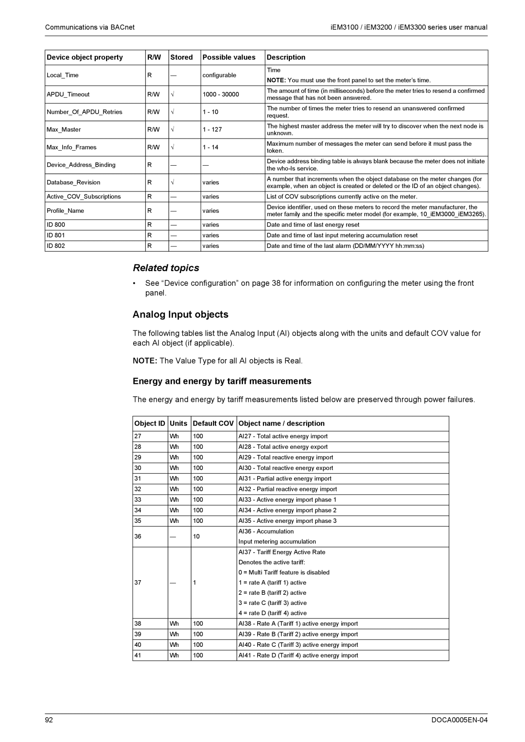 Schneider Electric iEM3100, iEM3300, iEM3200 user manual Analog Input objects, Energy and energy by tariff measurements 