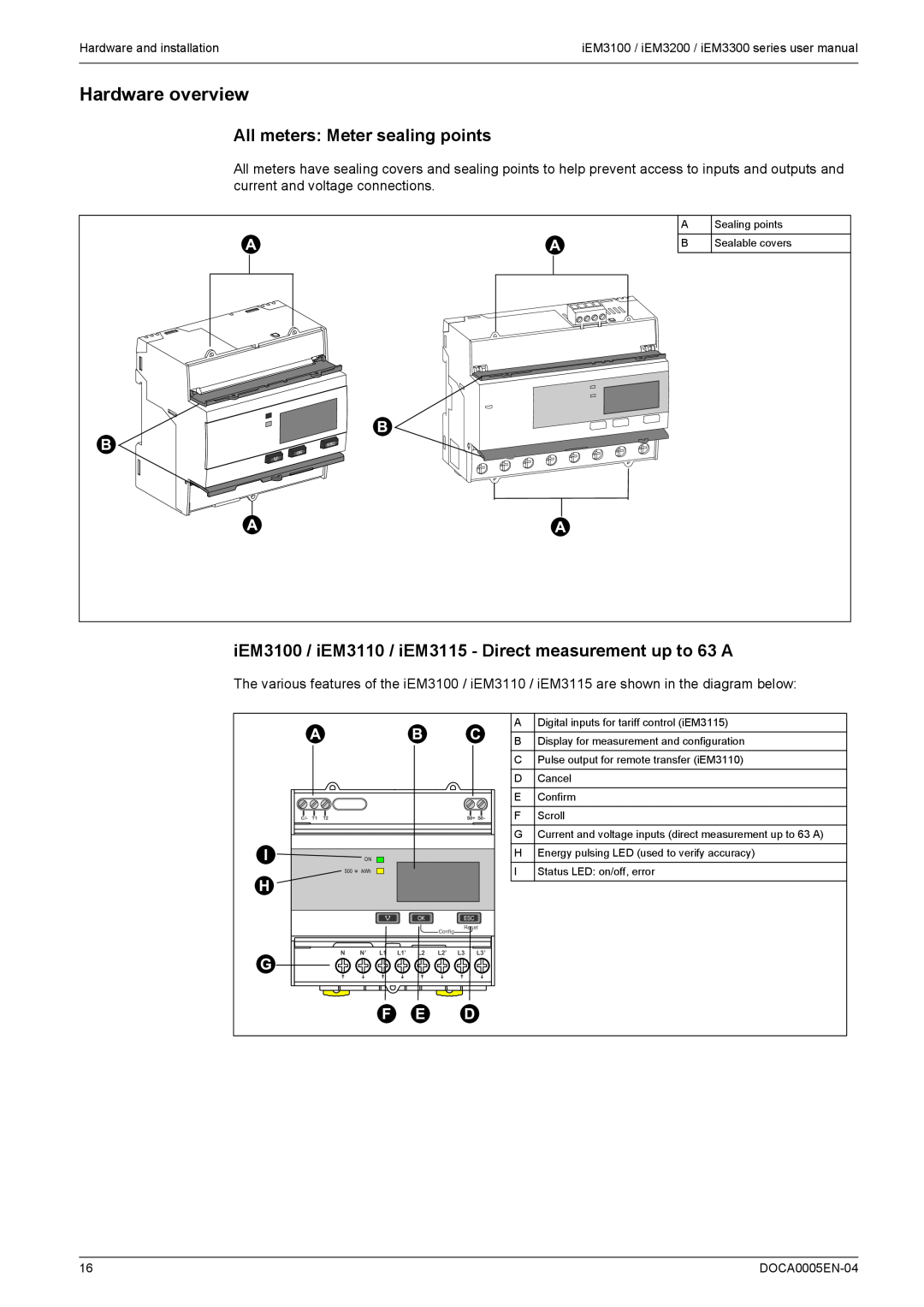 Schneider Electric iEM3200, iEM3300, iEM3100 user manual Hardware overview, All meters Meter sealing points 