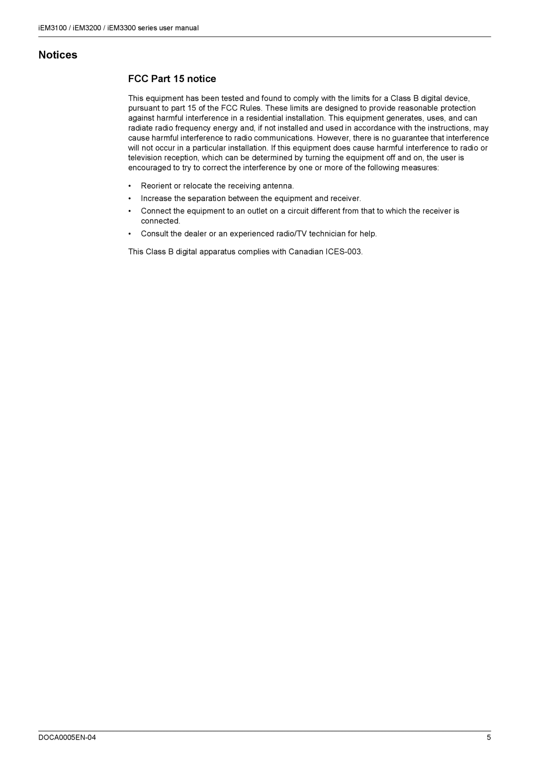 Schneider Electric iEM3100, iEM3300, iEM3200 user manual Notices, FCC Part 15 notice 