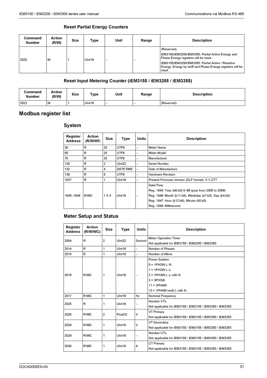 Schneider Electric iEM3300, iEM3200 Modbus register list, System, Meter Setup and Status, Reset Partial Energy Counters 