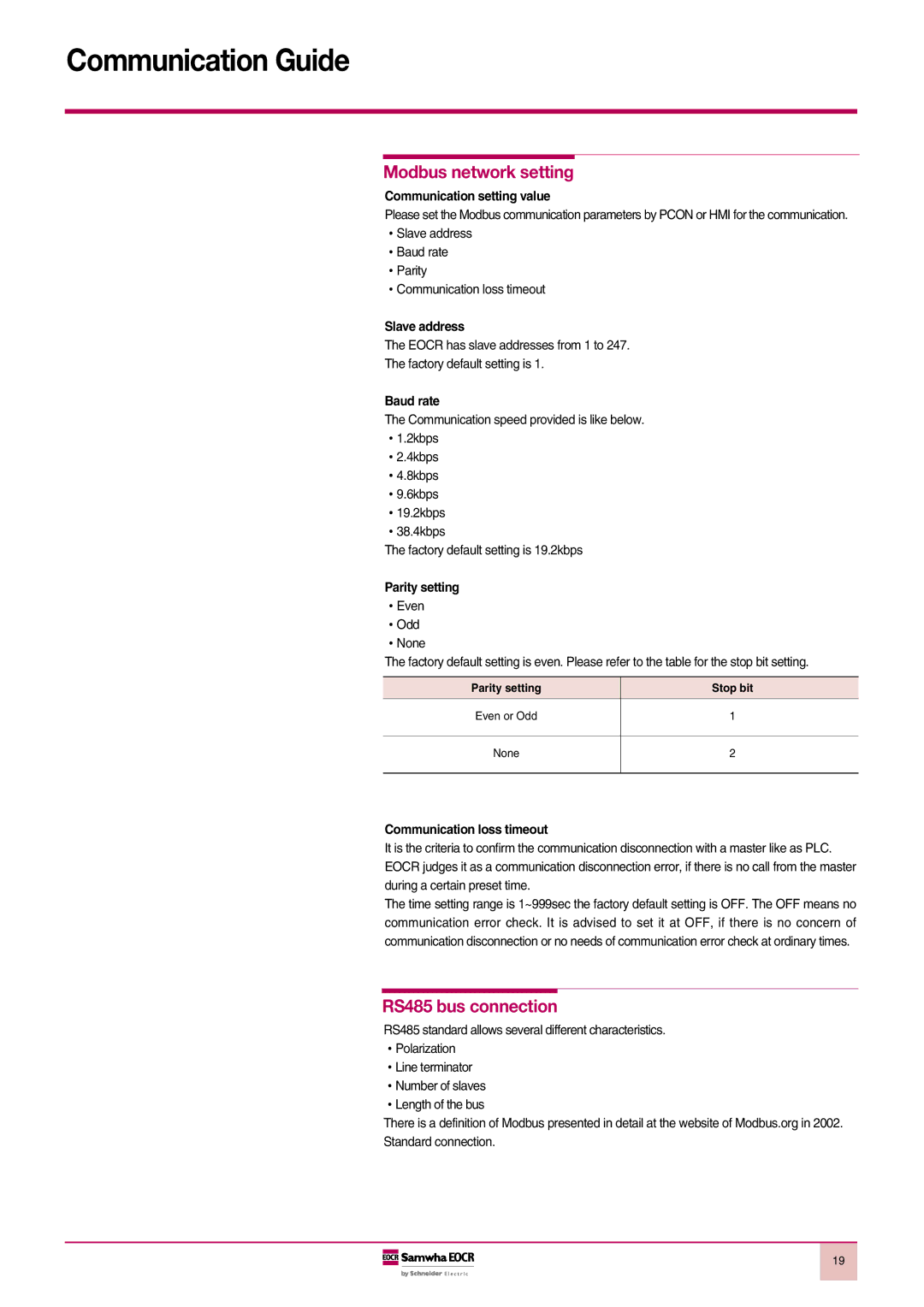 Schneider Electric 3BZ2, iFBZ, FBZ2, EOCR-i3BZ manual Modbus network setting, RS485 bus connection 