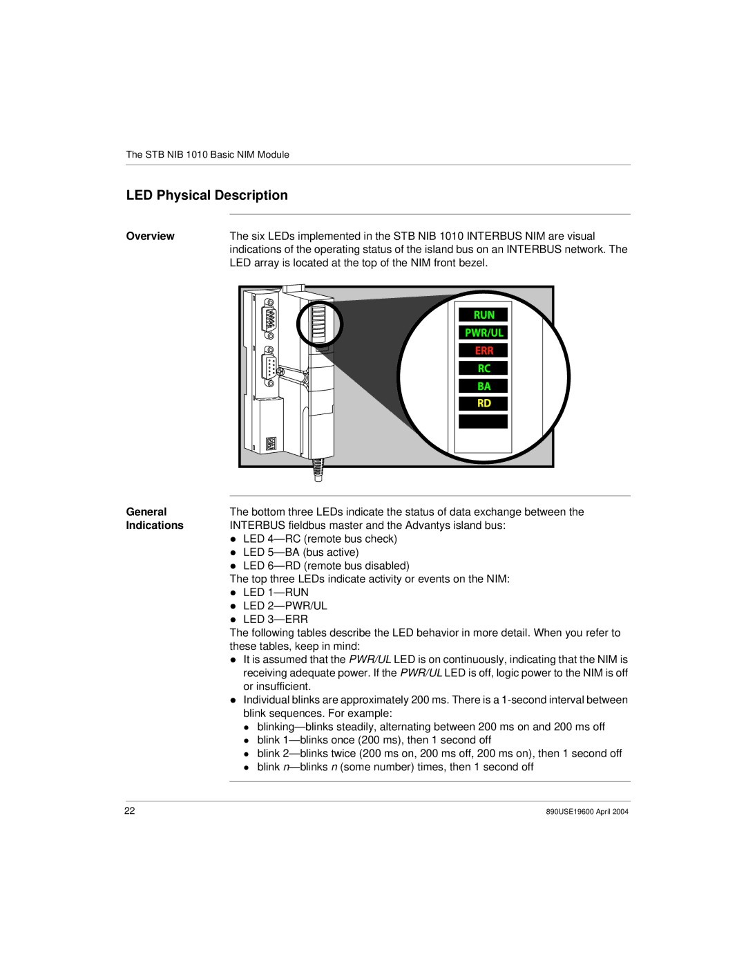 Schneider Electric 890USE19600 Version 1.0 manual LED Physical Description, Overview, General, Indications 