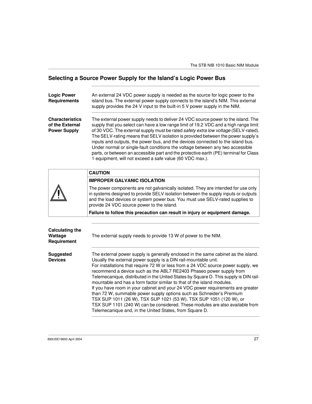 Schneider Electric INTERBUS Basic Network Interface Module Requirements, Characteristics, External, Power Supply, Devices 