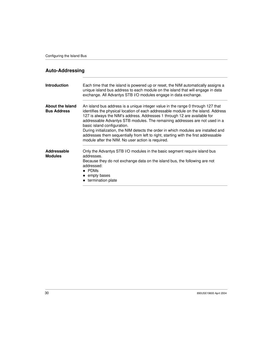 Schneider Electric 890USE19600 Version 1.0 Auto-Addressing, About the Island, Bus Address, Basic island configuration 