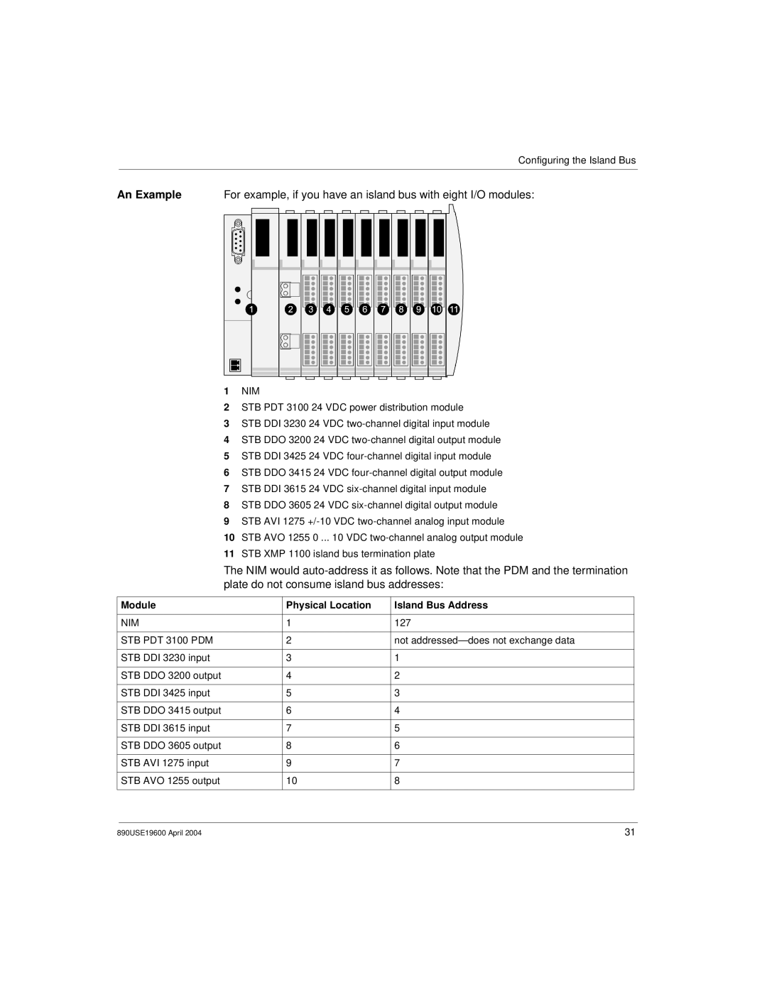 Schneider Electric INTERBUS Basic Network Interface Module manual An Example, Module Physical Location Island Bus Address 