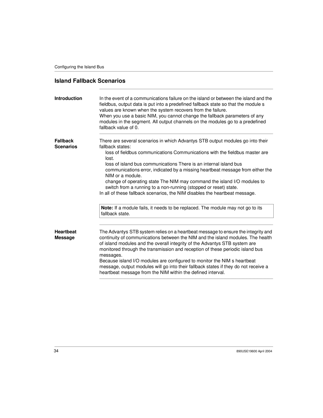 Schneider Electric 890USE19600 Version 1.0 manual Island Fallback Scenarios, Heartbeat, Message 