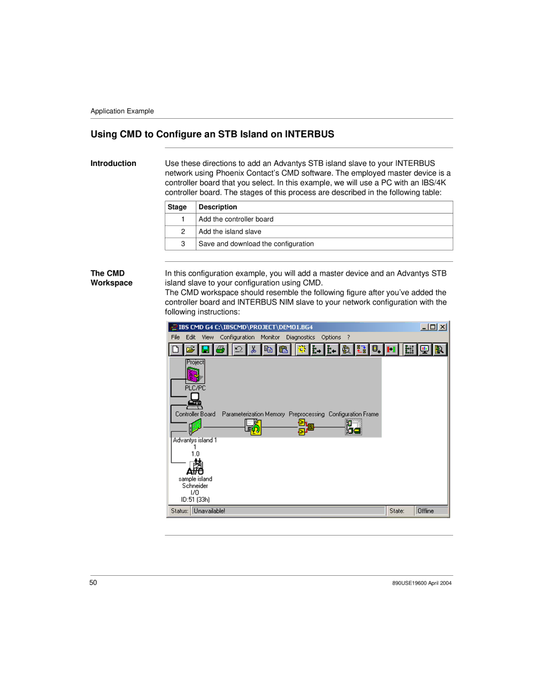 Schneider Electric 890USE19600 Version 1.0 manual Using CMD to Configure an STB Island on Interbus, Cmd 