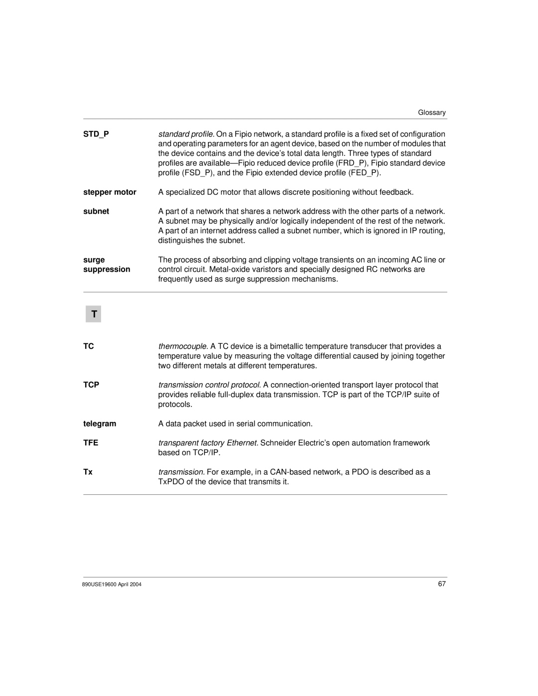 Schneider Electric INTERBUS Basic Network Interface Module, 890USE19600 Version 1.0 manual Stdp, Tcp, Tfe 