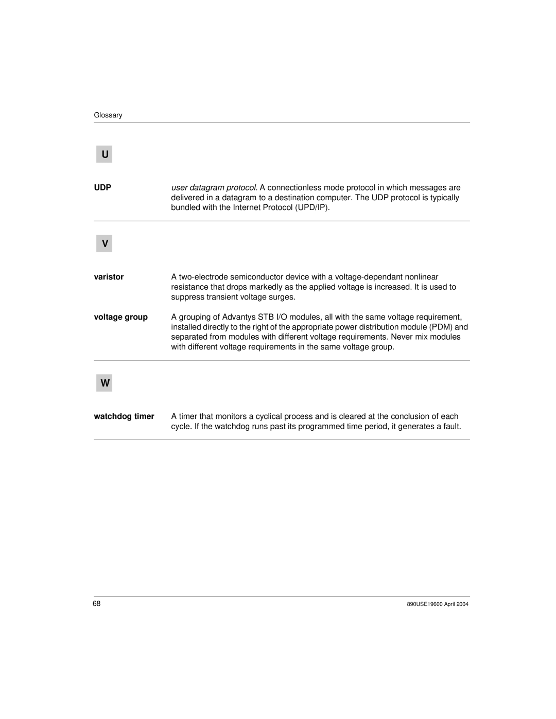 Schneider Electric 890USE19600 Version 1.0 manual Udp, Varistor, Suppress transient voltage surges, Voltage group 