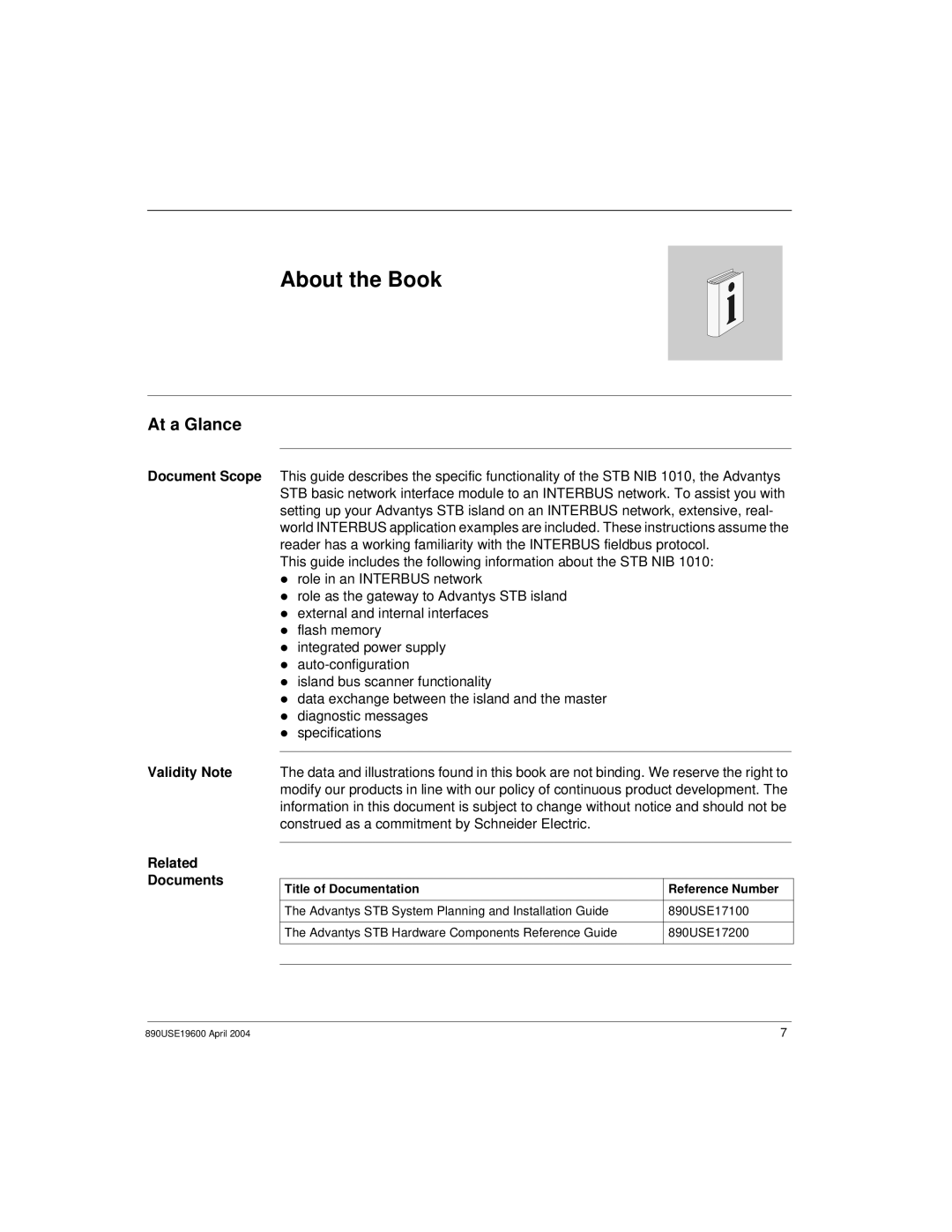 Schneider Electric INTERBUS Basic Network Interface Module About the Book, At a Glance, Validity Note, Related Documents 