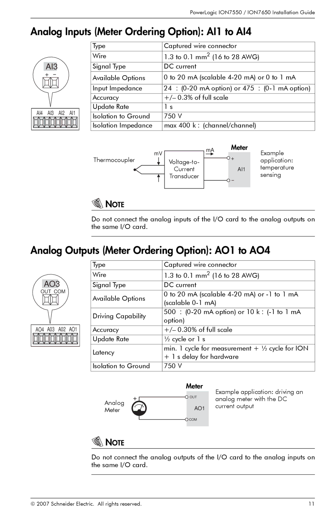 Schneider Electric ION7550 Analog Inputs Meter Ordering Option AI1 to AI4, Analog Outputs Meter Ordering Option AO1 to AO4 