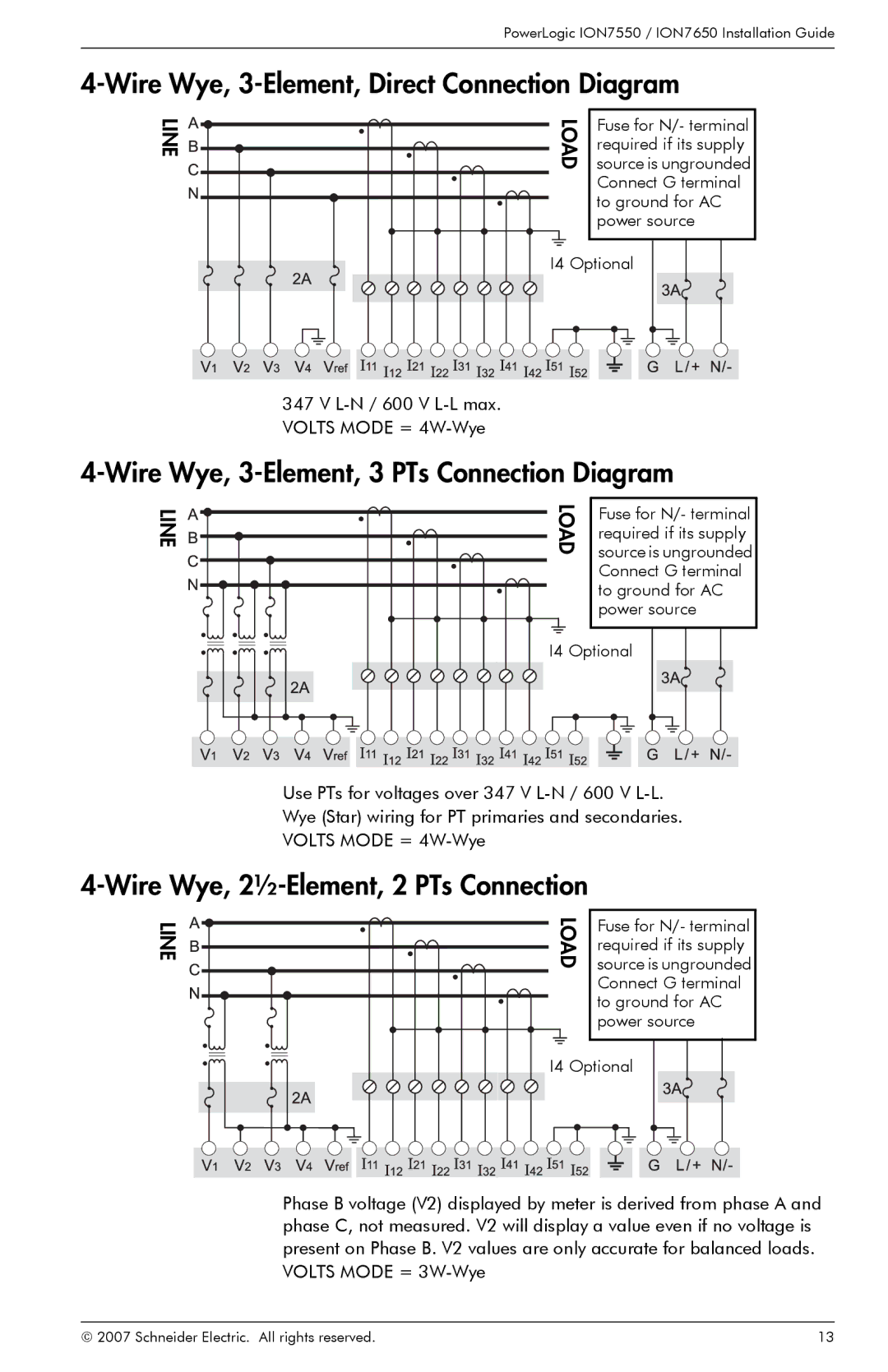 Schneider Electric ION7550 Wire Wye, 3-Element, Direct Connection Diagram, Wire Wye, 3-Element, 3 PTs Connection Diagram 