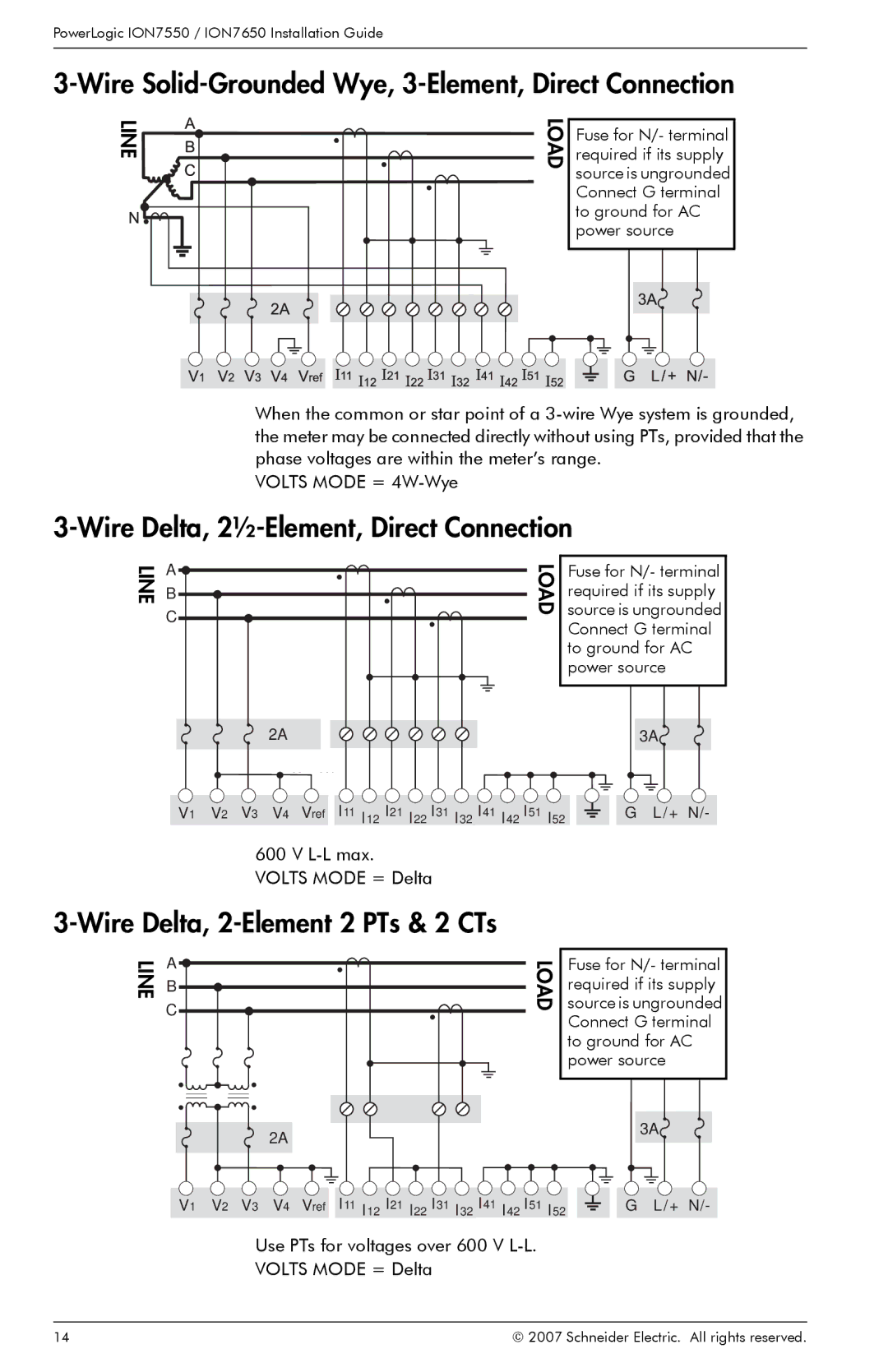 Schneider Electric ION7650 Wire Solid-Grounded Wye, 3-Element, Direct Connection, Wire Delta, 2-Element 2 PTs & 2 CTs 