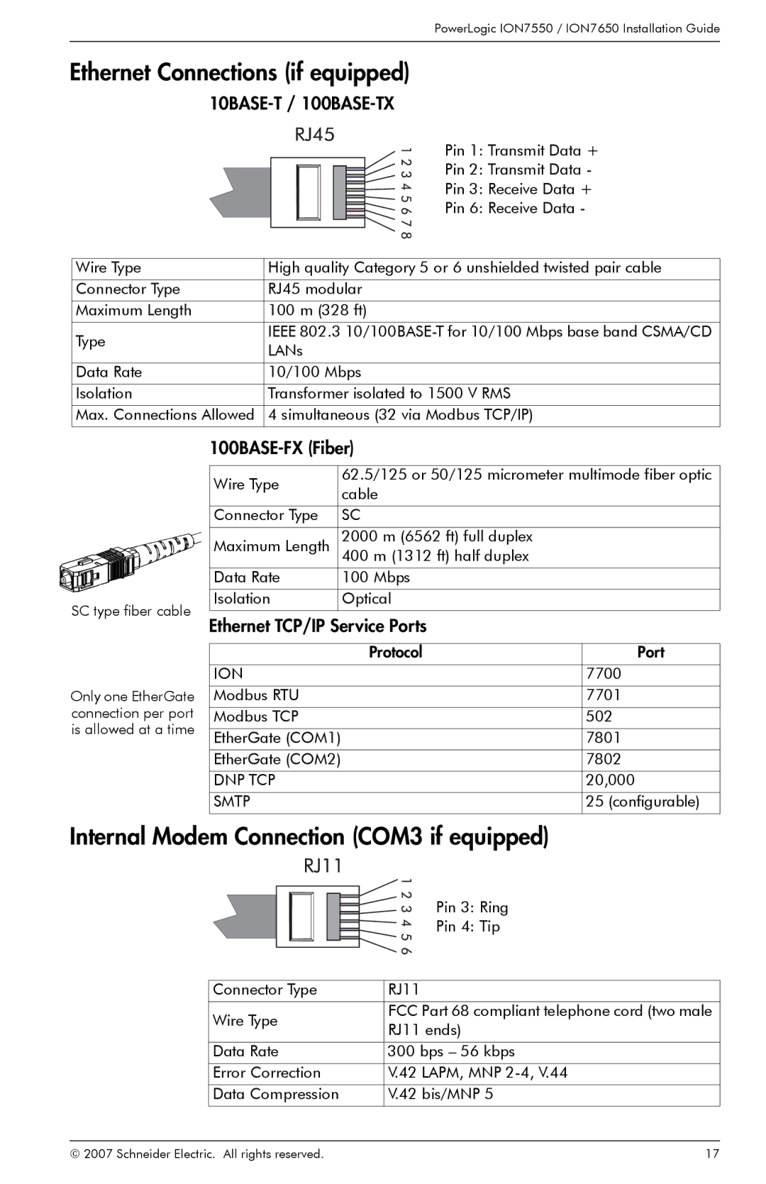 Schneider Electric ION7550 Ethernet Connections if equipped, Internal Modem Connection COM3 if equipped, 100BASE-FX Fiber 