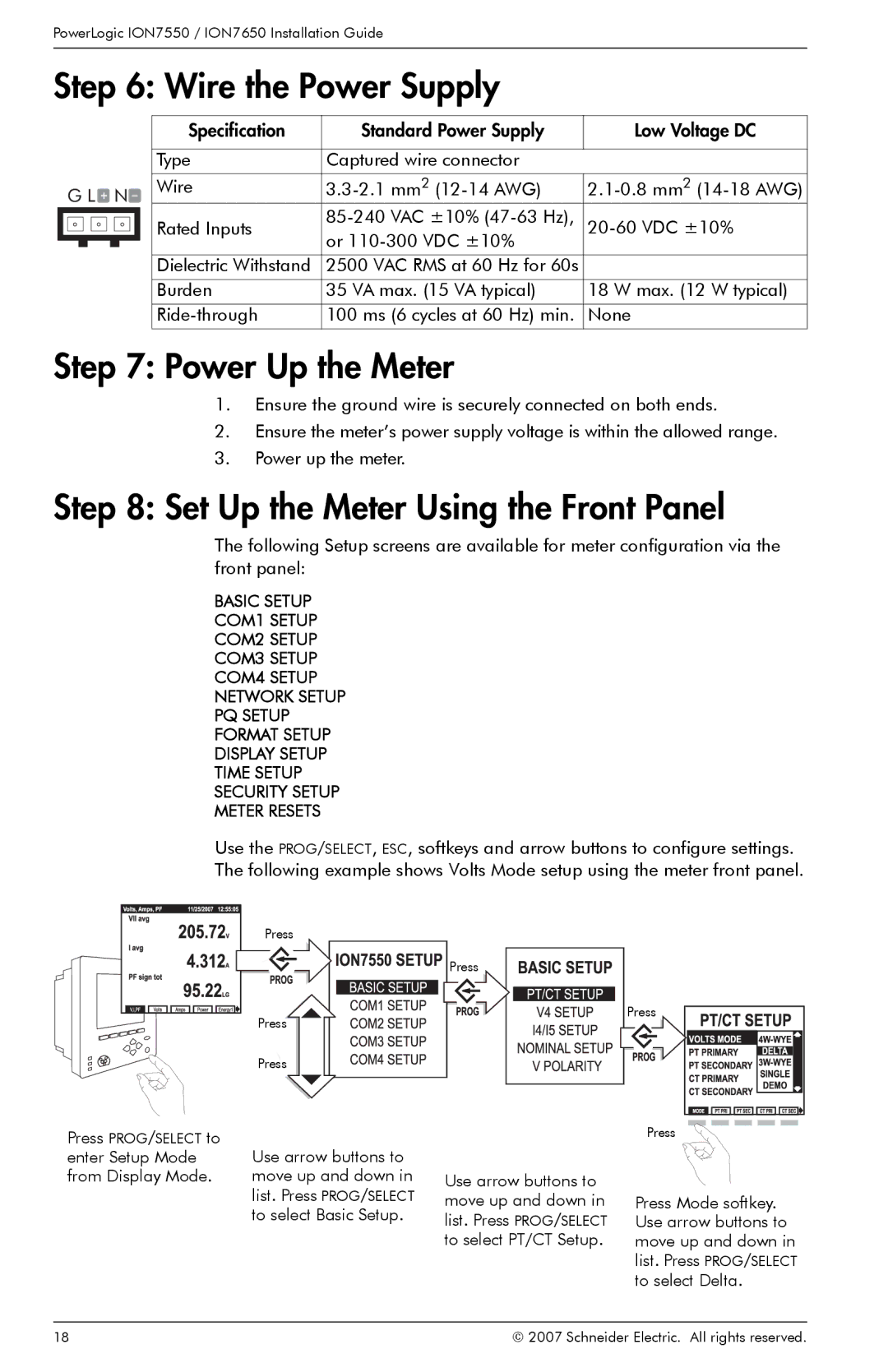 Schneider Electric ION7650, ION7550 manual Wire the Power Supply, Power Up the Meter, Set Up the Meter Using the Front Panel 