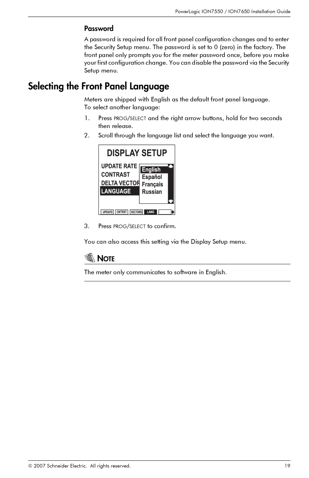 Schneider Electric ION7550, ION7650 manual Selecting the Front Panel Language, Password 