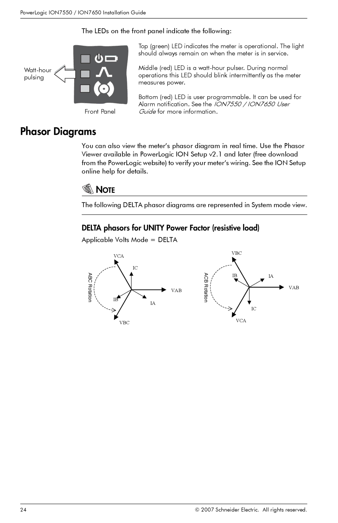 Schneider Electric ION7650, ION7550 manual Phasor Diagrams, Delta phasors for Unity Power Factor resistive load 