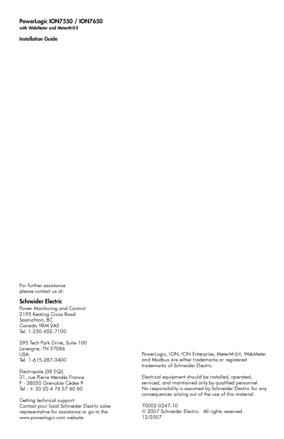 Schneider Electric manual PowerLogic ION7550 / ION7650, Schneider Electric, Usa 