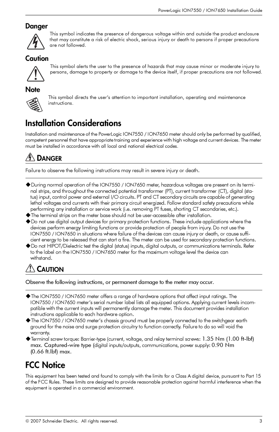 Schneider Electric ION7550, ION7650 manual Installation Considerations, FCC Notice 