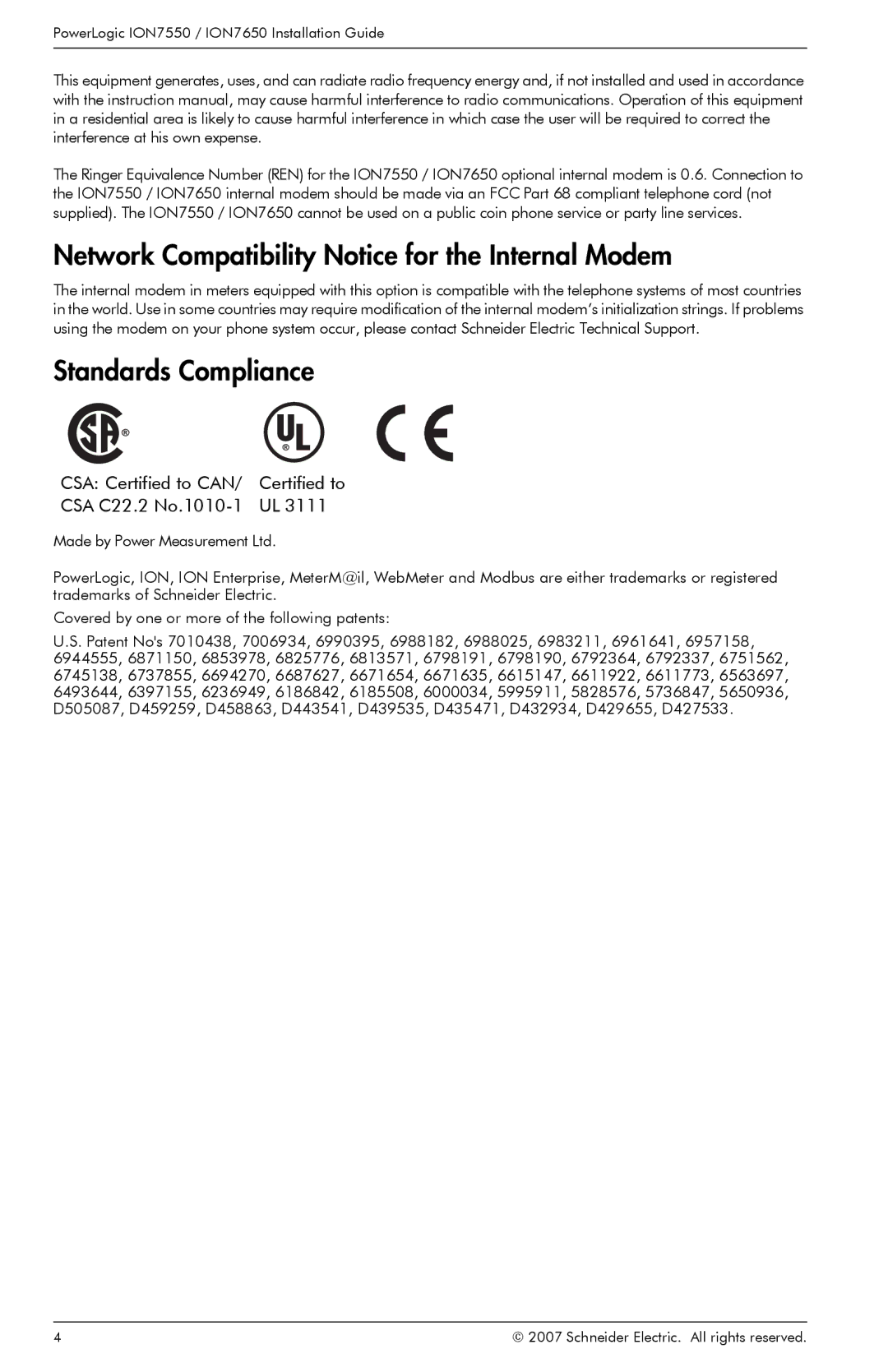 Schneider Electric ION7650 Network Compatibility Notice for the Internal Modem, Standards Compliance, CSA Certified to can 