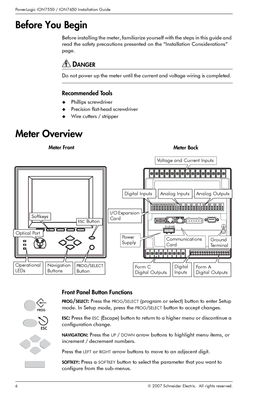 Schneider Electric ION7650 Before You Begin, Meter Overview, Recommended Tools, Front Panel Button Functions, Meter Front 