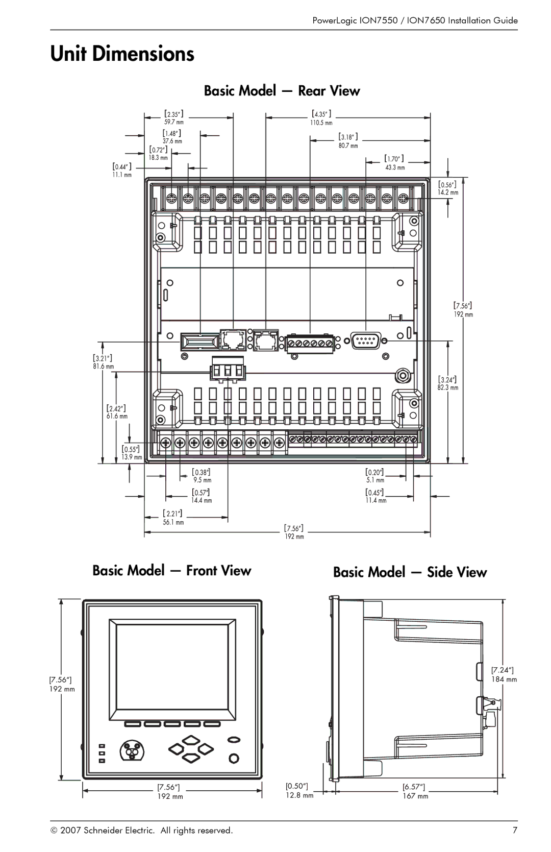 Schneider Electric ION7550, ION7650 manual Unit Dimensions, Basic Model Side View 