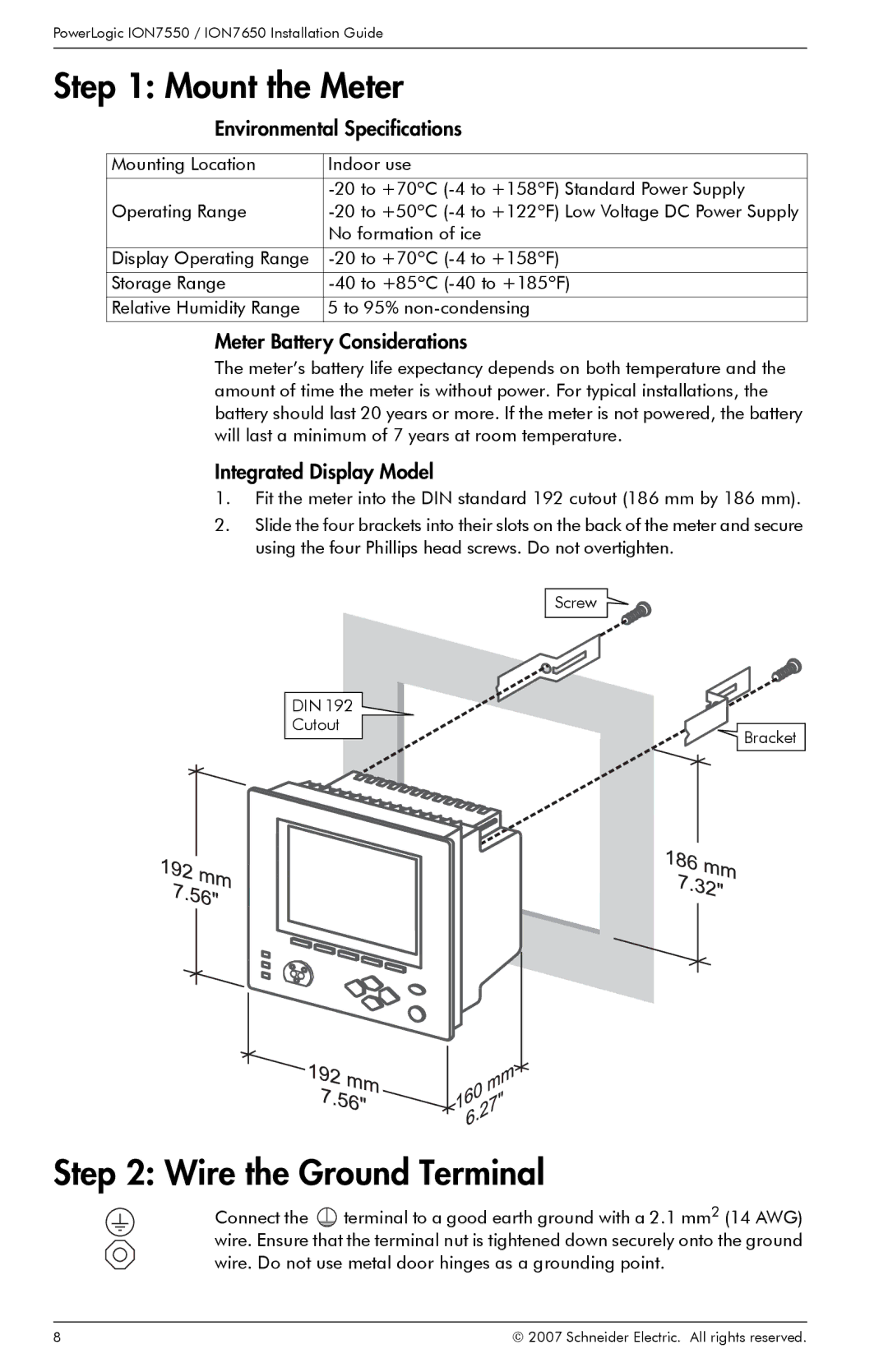 Schneider Electric ION7650, ION7550 manual Mount the Meter, Wire the Ground Terminal, Environmental Specifications 