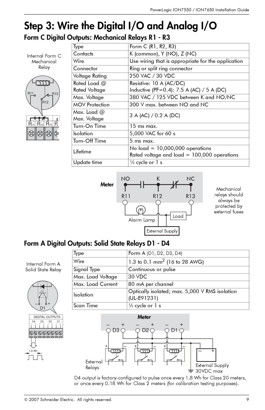 Schneider Electric ION7550 manual Wire the Digital I/O and Analog I/O, Type Form C R1, R2, R3, Contacts Common, Y NO, Z NC 