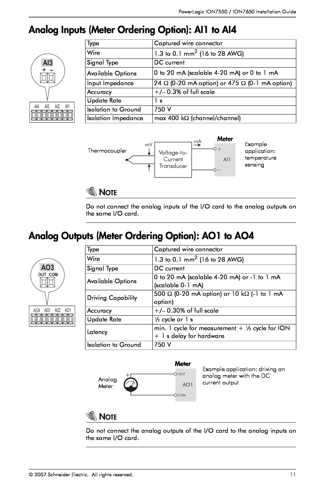 Schneider Electric ION7550 Analog Inputs Meter Ordering Option AI1 to AI4, Analog Outputs Meter Ordering Option AO1 to AO4 