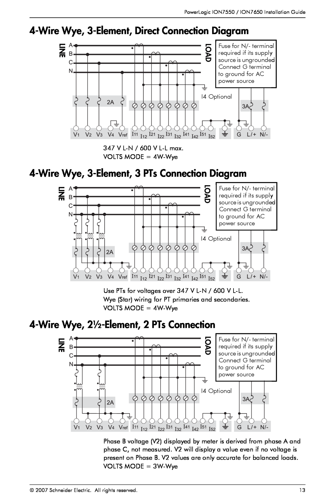 Schneider Electric ION7550 Wire Wye, 3-Element, Direct Connection Diagram, Wire Wye, 3-Element, 3 PTs Connection Diagram 
