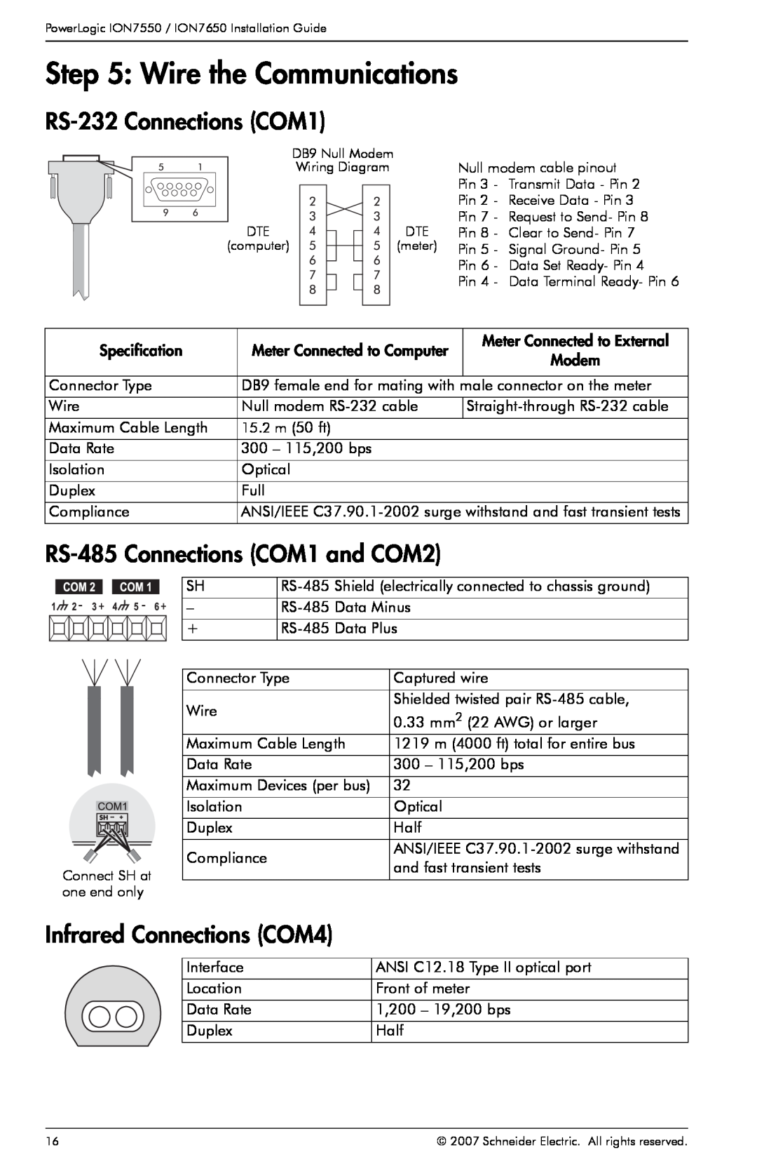 Schneider Electric ION7650, ION7550 Wire the Communications, RS-232 Connections COM1, RS-485 Connections COM1 and COM2 