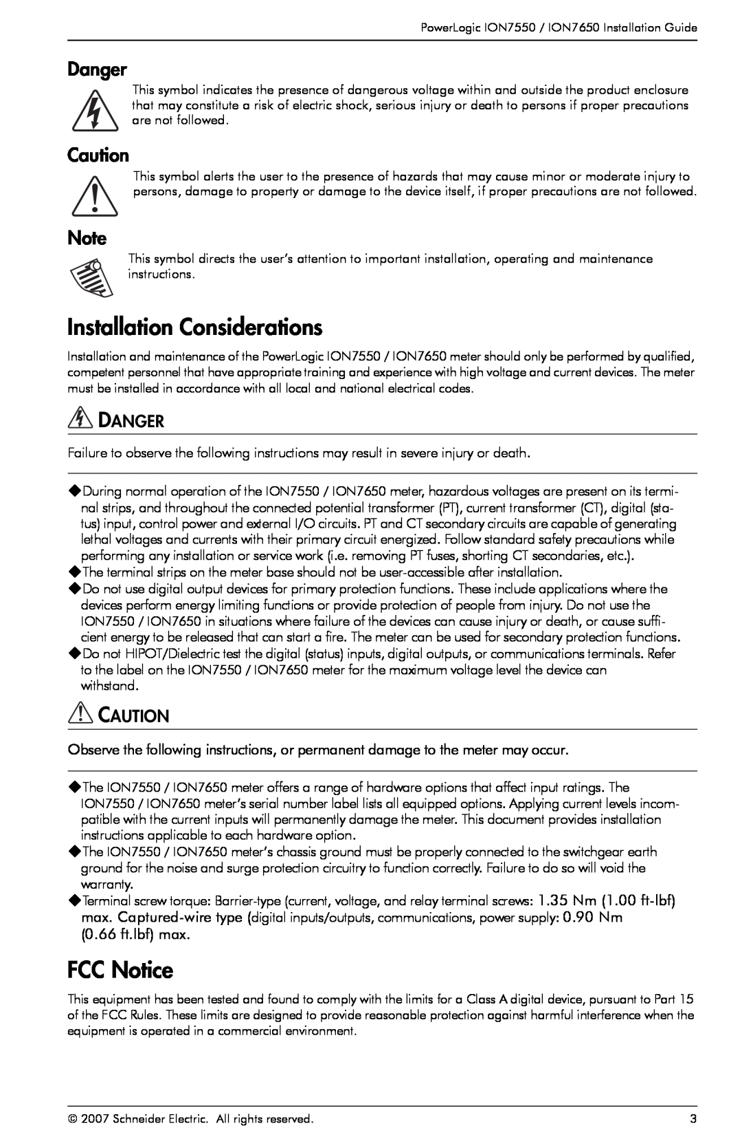 Schneider Electric ION7550, ION7650 manual Installation Considerations, FCC Notice, Danger 