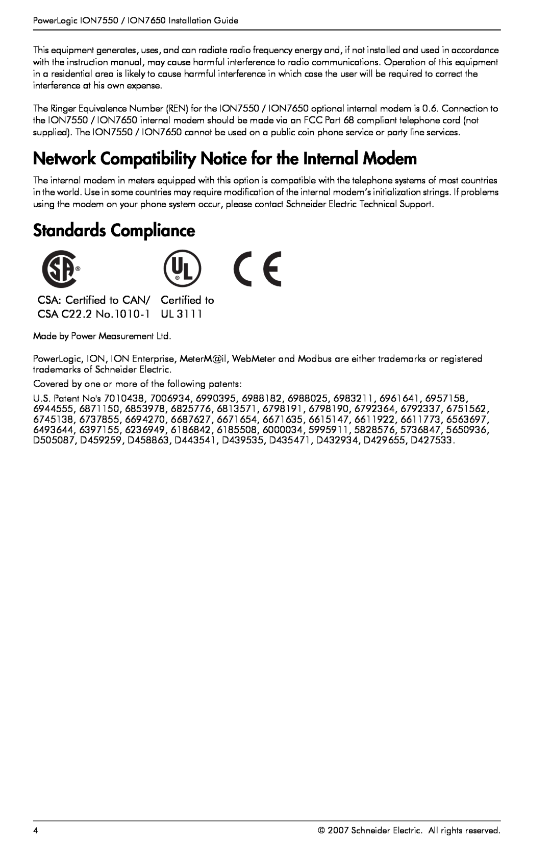 Schneider Electric ION7650 Network Compatibility Notice for the Internal Modem, Standards Compliance, CSA Certified to CAN 