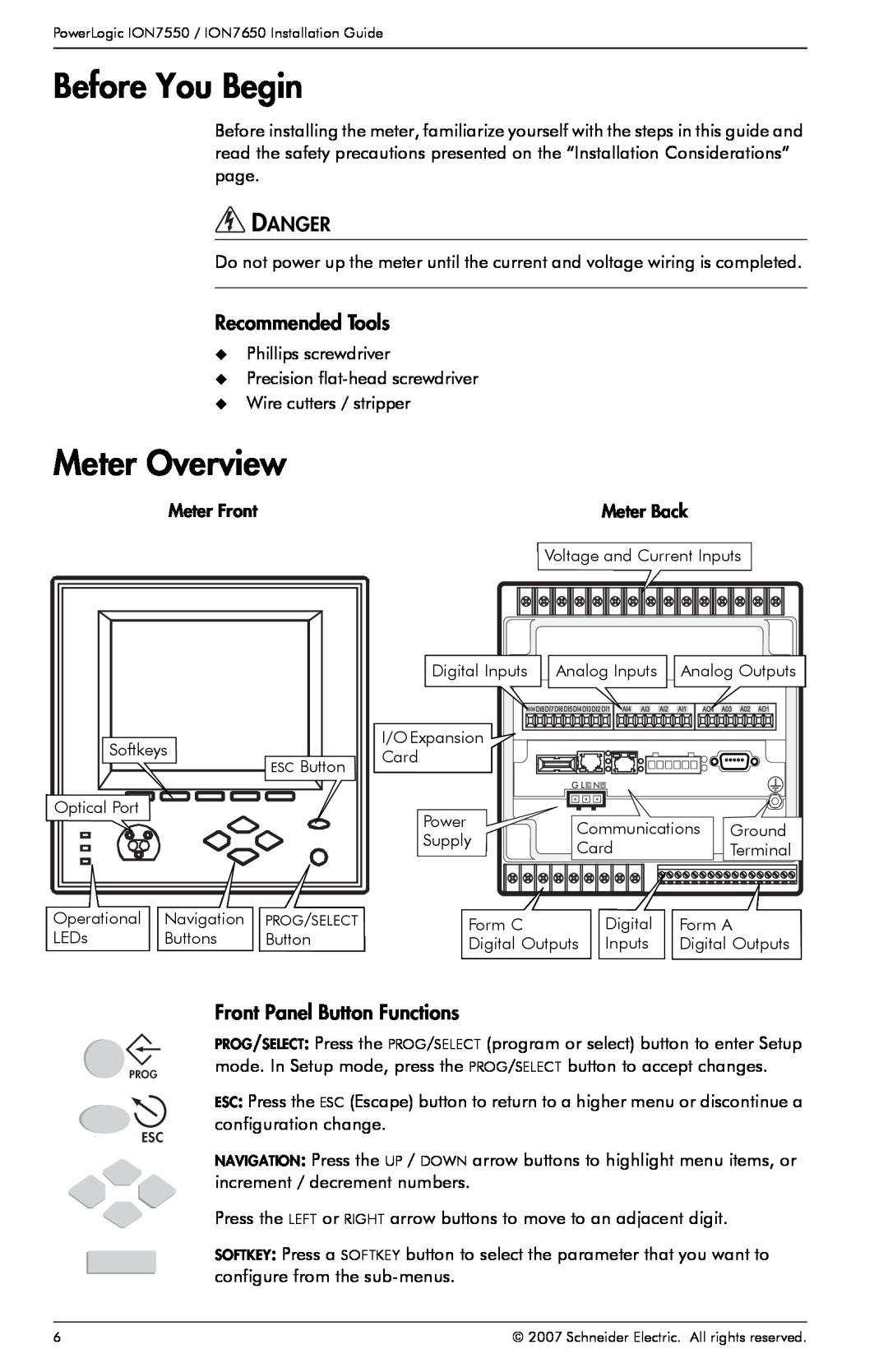 Schneider Electric ION7650 manual Before You Begin, Meter Overview, Recommended Tools, Front Panel Button Functions, Danger 