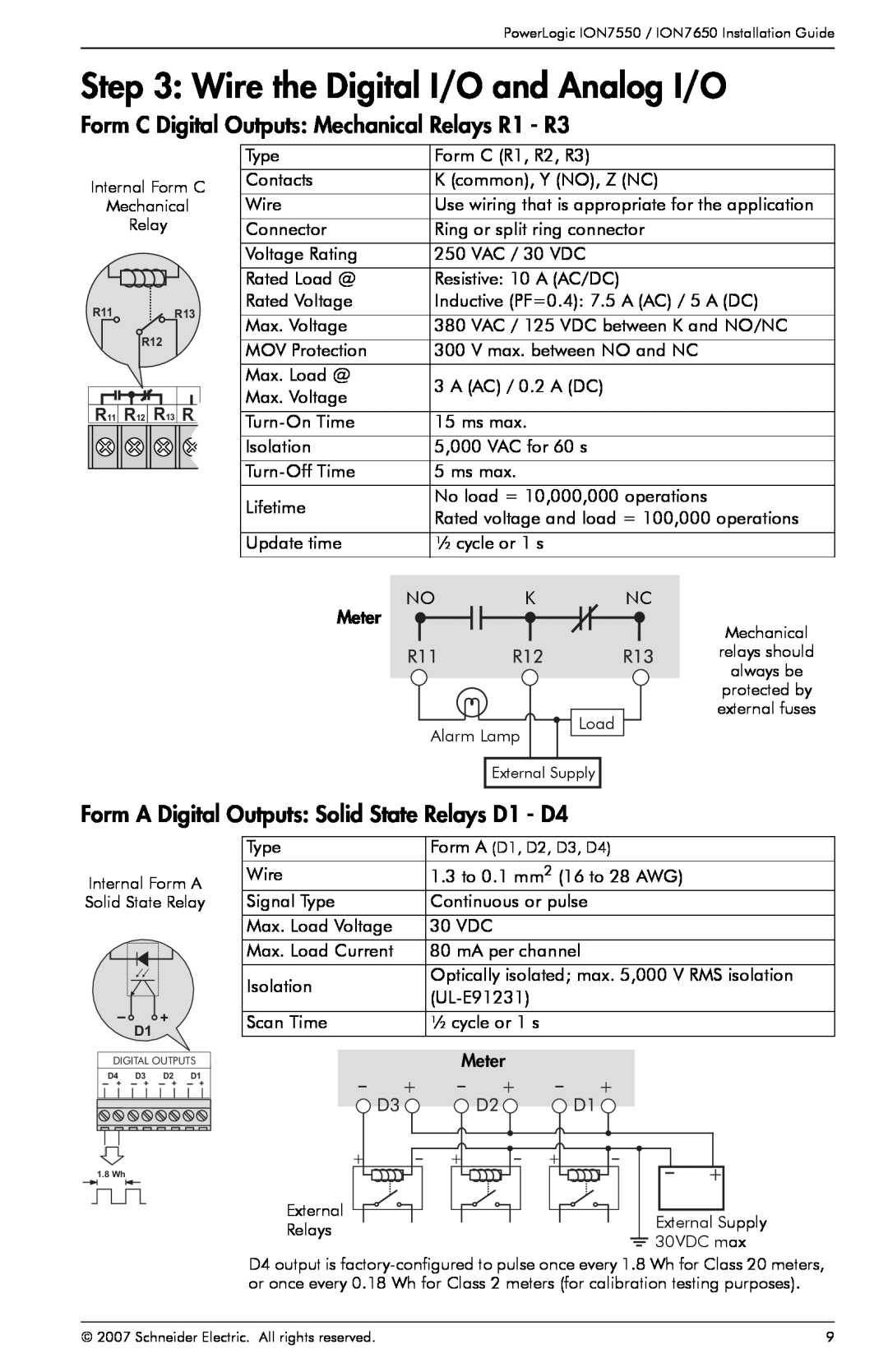 Schneider Electric ION7550, ION7650 Wire the Digital I/O and Analog I/O, Form C Digital Outputs Mechanical Relays R1 - R3 