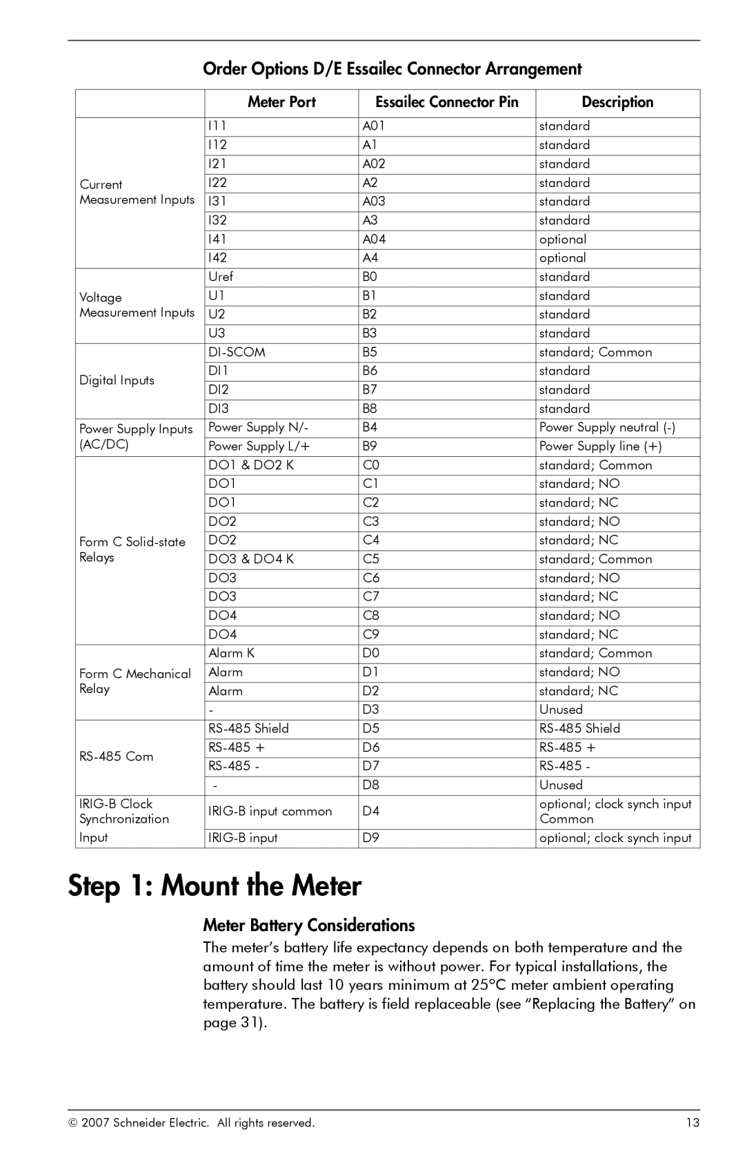 Schneider Electric ION8800 Mount the Meter, Order Options D/E Essailec Connector Arrangement, Meter Battery Considerations 