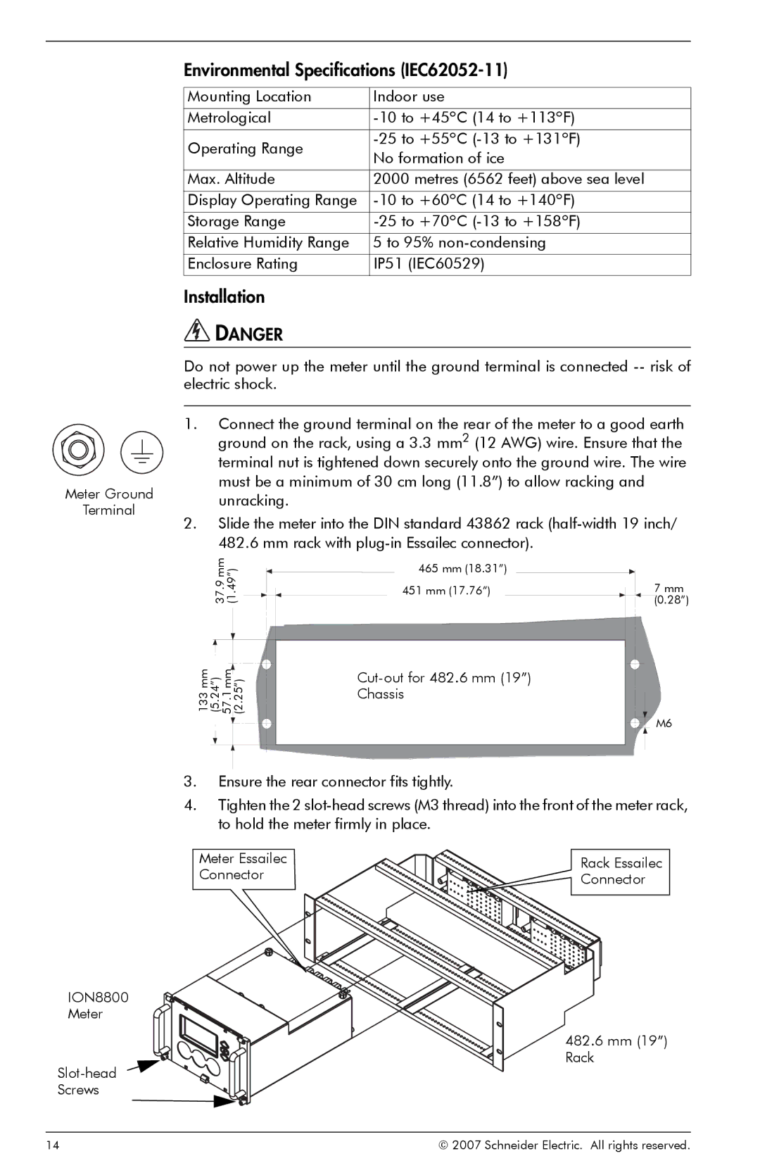 Schneider Electric ION8800 manual Environmental Specifications IEC62052-11, Installation 