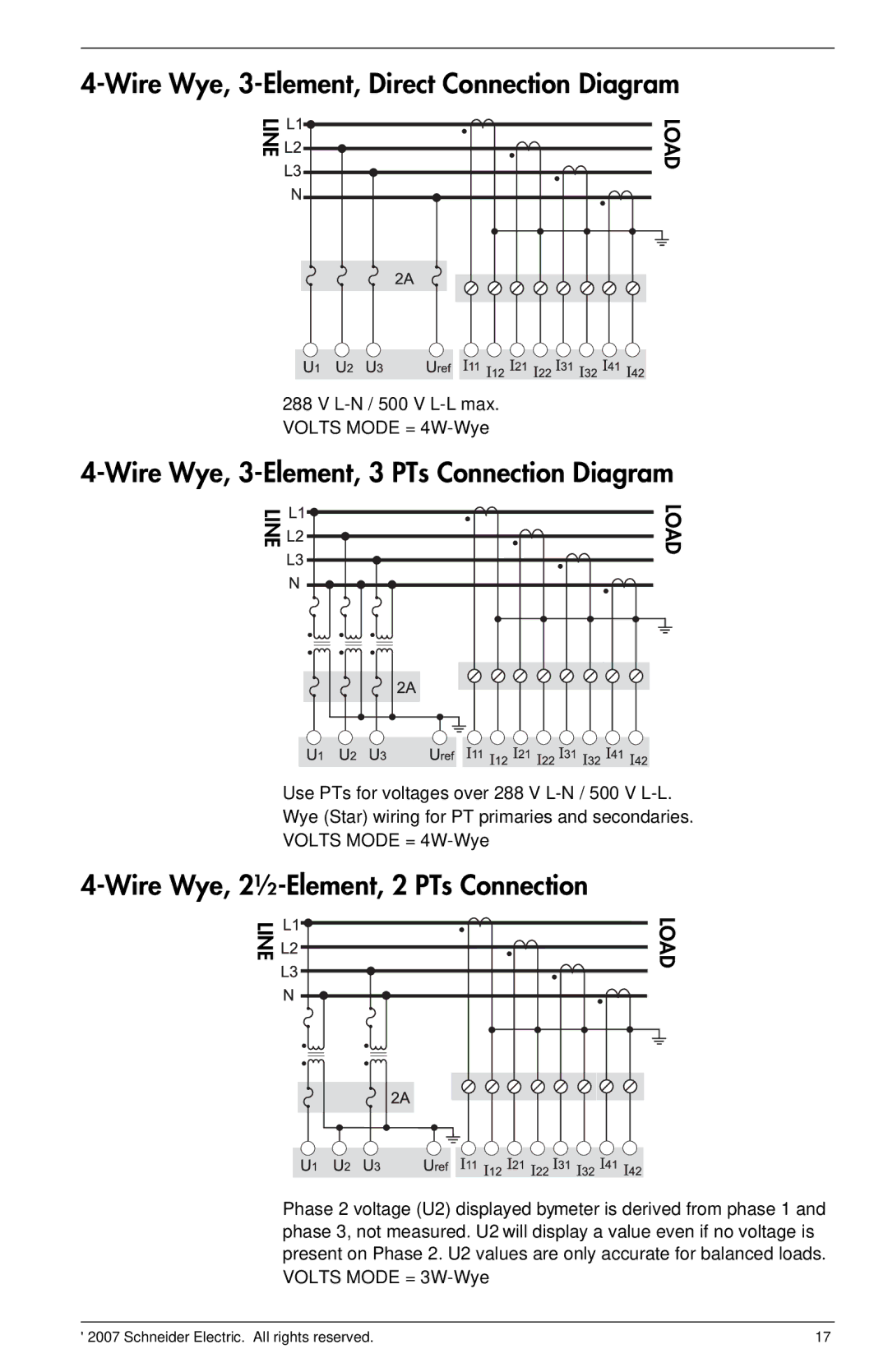 Schneider Electric ION8800 Wire Wye, 3-Element, Direct Connection Diagram, Wire Wye, 3-Element, 3 PTs Connection Diagram 